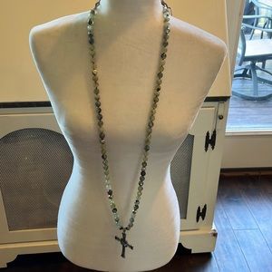 Green beaded necklace. Cross pendant.  Worn several times. Listing # 7410